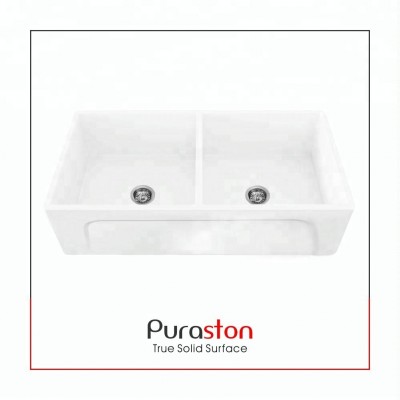 Puraston double bowl drainer apron front solid surface resin stone ceramic farmhouse kitchen sinks